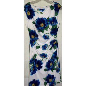 Ralph Lauren Size 8 Women's Floral Print Mini Dress White Blue Ruched Stretch